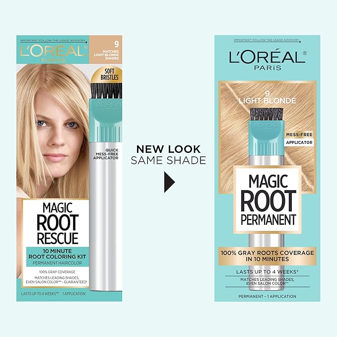 L'Oreal Paris Magic Root Rescue 10 Minute Root Hair Coloring Kit, Permanent Hair Color with Quick Precision Applicator, 100 percent Gray Coverage, 9 Light Blonde, 1 kit (Packaging May Vary)
