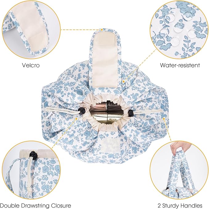 Narwey Lay Flat Open Drawstring Makeup Bag, Large Floral Cosmetic Bag for Women Girls, Cute Make up Bags with Handle, Travel Toiletry Bag for Skincare, Brushes & Travel Essentials (Blue Flower)