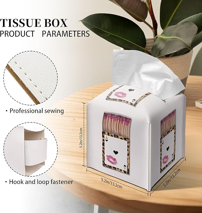 Grace Yonks Cute Tissue Box Cover Square - Leopard Print Playing Card & Lip Print Match Case Design 5.2" PU Leather Holder for Vanity, Desk, Bathroom Counter - Cube Case for Facial Tissues(013)