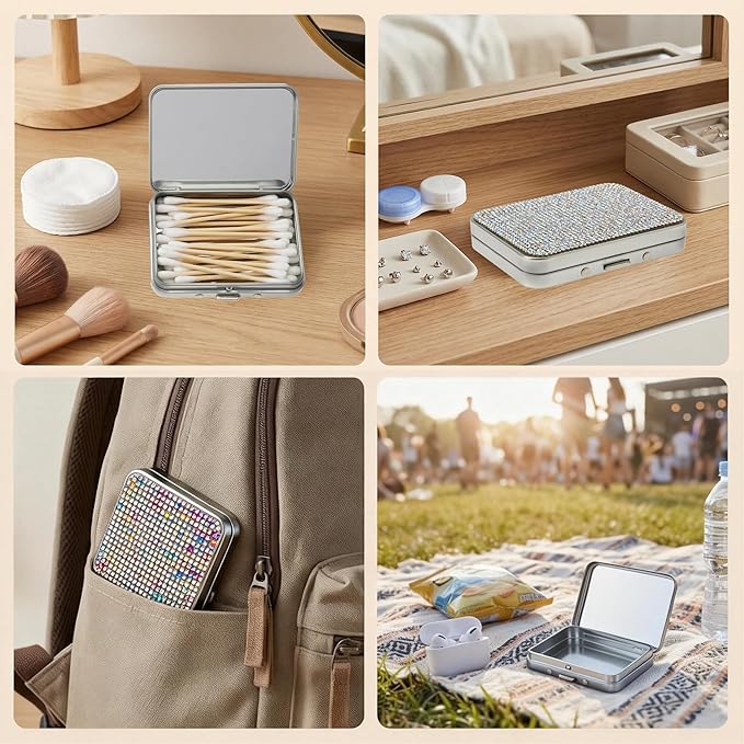 Bling Cotton Swab Holder for Travel,2PCS Portable Floss Pick Holder Case with Mirror,Storage Box for Cotton Swabs, Dental Floss, Hair Ties, and Small Essentials(Silver)