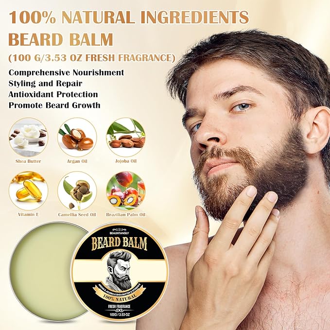 2 PACK Beard Balm for Men, 100% Natural with Shea Butter, Argan Oil, Jojoba Oil, Vitamin E - 7.06 OZ Beard Softener Moisturizer for Men