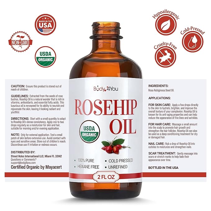 BodyJ4You Rosehip Oil for Face - 100% Pure Natural USDA Organic Cold Pressed - Hydrating Skin Hair Nails Anti-Aging Wrinkle Scar Treatment Gua Sha - Non-GMO Undiluted Carrier - Glass Bottle 2 Fl Oz