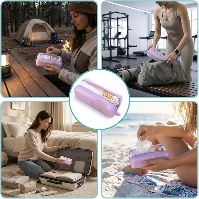 Cotton Pad Swab Travel Case – 2-in-1 Portable Waterproof Qtips Dispenser for Cotton Square Pad & Qtip, Floss, Bobbi Pin, Nail Kit, Hair Accessories Organizer TSA Compliance – VISFRESH (Purple)
