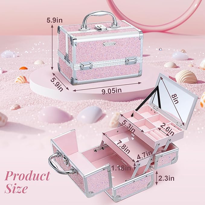 FRENESSA Makeup Case Organizer Portable Makeup Train Case Cosmetic Box with Mirror Jewerly Tray for Girls Nail Supplies Make Up Cases Organizers and Storage Kids Craft Case Pink