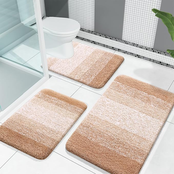 OLANLY Bathroom Rugs Sets 3 Piece, Soft Absorbent Microfiber Bath Mats and U-Shaped Contour Toilet Rug, Plush Shaggy Bath Mat Set for Bathroom (30"x20"+24"x16"+24"x20", Beige)