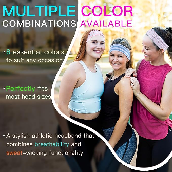 8 Pack Headbands for Women Non Slip - Stylish Sports Hair Bands for Women's Hair - Soft Cotton Cloth Stretchy Headbands for Women for Yoga, Outdoor Exercise Running