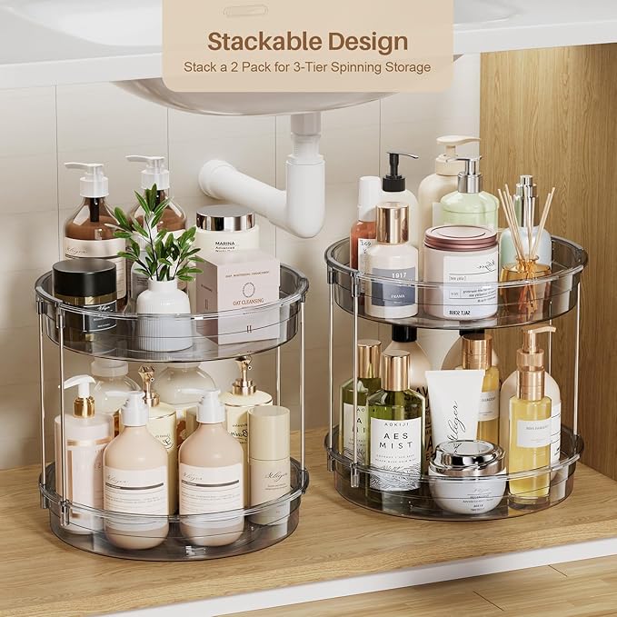 LAMU 12 inch 2 Tier Lazy Susan Turntable Organizer Rotating Spice Rack Organization for Cabinet, Kitchen, Pantry, Countertop, Bathroom, Vanity, Medicine Cabinet Organizer, Grey