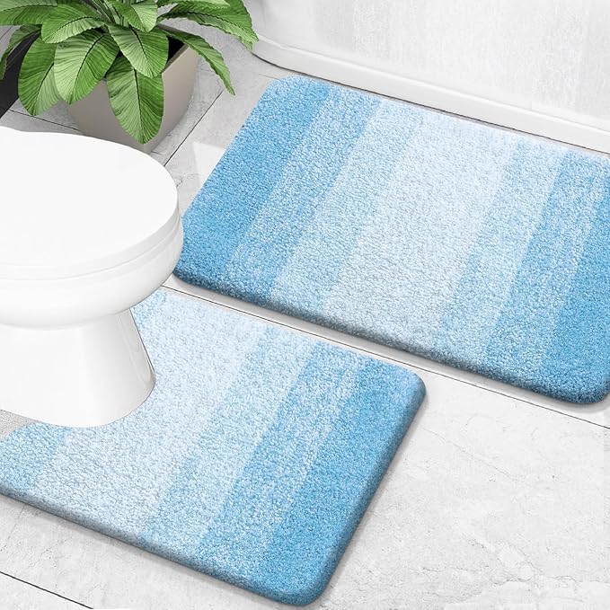 OLANLY Bathroom Rug Set 2 Piece, Soft Absorbent Microfiber Bath Mats and U-Shaped Contour Toilet Rug, Non-Slip, Machine Wash Dry, Plush Shaggy Bath Mats for Bathroom (30"x20"+24"x20", Sky Blue)