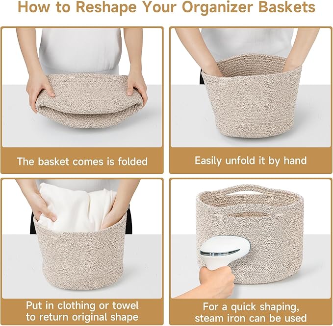 Small Rope Baskets for Storage, Baskets for Gifts Empty, Cute Round Woven Basket, Decorative Shelf Baskets 9.82×9.82×7.1", Cotton Toy Basket Storage Bins for Organizer 3 Packs-Brown