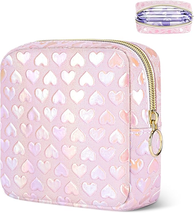 Period Bag Pouch, Leather Sanitary Napkin Storage Bag for Girls Womens, Portable Sanitary Napkin Period Pad Pouch Bag for Purse (Pink-3D Love)