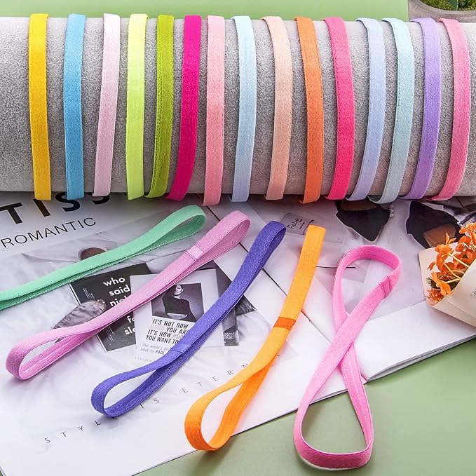 Duufin 20 Pieces Sport Headbands, Thin Non Slip Headband for Women and Girls, Elastic Headbands for Workout, Running, Yoga, Volleyball, Basketball, 1 cm Wide, 42 cm Circumference, 20 Colors