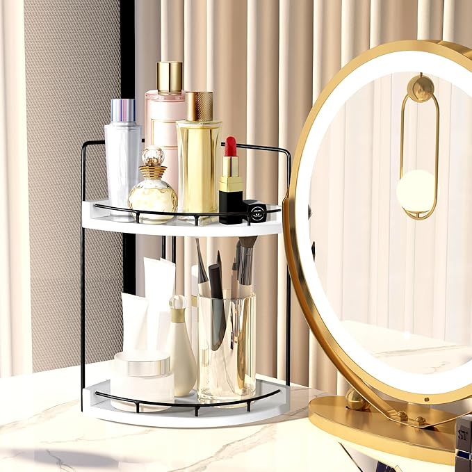 2 Tier Bathroom Counter Organizer, Bathroom Counter Tray and Vanity Organizer, Wood Corner Countertop for Kitchen, Dresser (White)
