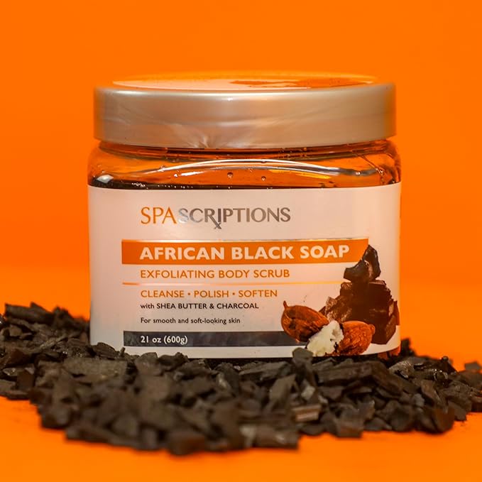 SpaScriptions African Black Soap Sugar Scrub - Detoxifying Body Scrub Exfoliator with Shea Butter & Charcoal, Ideal for Oily or Congested Skin, Supports Deep Pore Cleansing & Clarifying Skin, 21 oz
