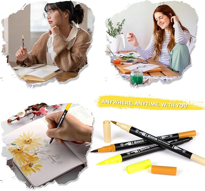 Yellow Duo Tip Marker Pens, 12 Pack Fine & Brush Markers for Adult Coloring Books No Bleeding, Sunshine Yellow Markers for Summer Themes, Sunflower Art, Energetic Accents and Happy Doodles