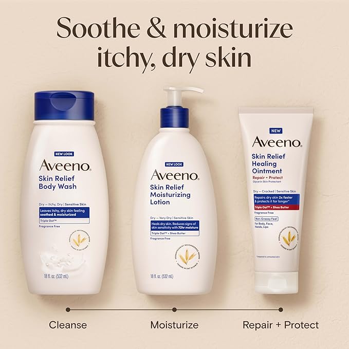 Aveeno Skin Relief Moisturizing Lotion Heals Very Dry, Sensitive Skin, Fast-Absorbing Body Lotion with Triple Oat & Shea Butter, Fragrance Free, Non-Comedogenic, Value Size, 33 fl. oz