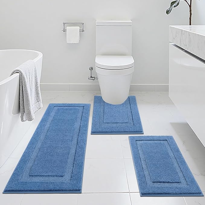 SHACOS Blue Bathroom Rugs Sets 3 Piece, 20"x47"+20"x32" Non Slip Bath Mat and 20"x24" Toilet Rugs U Shaped Washable, Soft Fluffy Water Absorbent Bathroom Floor Mat