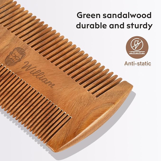 Onedor Wooden Comb, Personalized Custom Fine Tooth Combs for Men's Hair, Beard & Mustache, Anti-Static Sandalwood Comb, 100% Nature Handmade, Customized Gifts for Men - With Leather Case