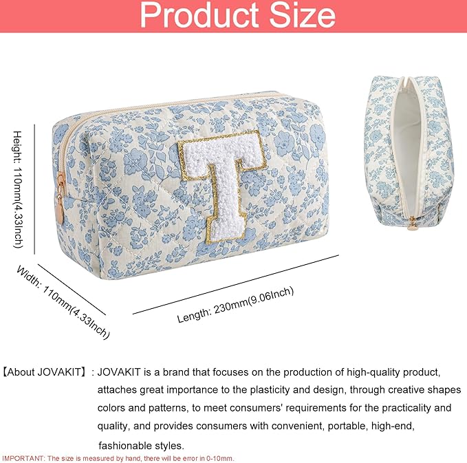 JOVAKIT Alphabet Makeup Bag Cosmetic Bag for Women, Christmas Gifts for Girls Age 6-18, Floral Flowers Coquette Travel Toiletry Zipper Make Up Pouch Organizer Trendy Stuff (2Pcs Blue Floral T)