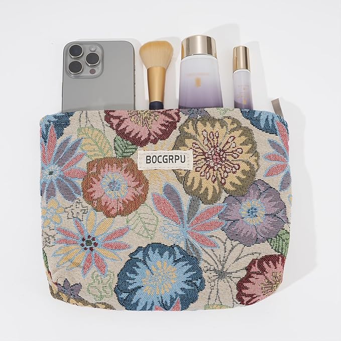2 PCS Makeup Bag Set Cute Small Cosmetic Bag for Purse ，Large Toiletry Bag Makeup Organizer，Travel Pouch with Zipper for Women, (Flower Garden White)