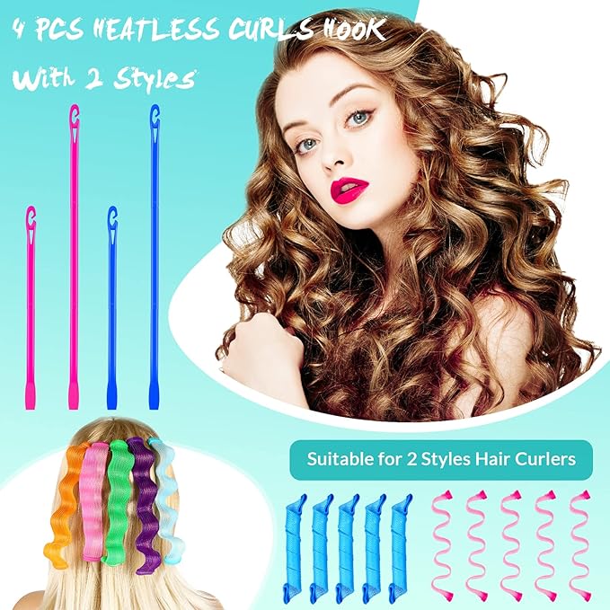 Yilloog 4 Pcs Heatless Curls Hook Spiral Curlers for Long Wave Styling Hair in 13. 8 and 22 Inch Lengths(Blue, Rose Red)