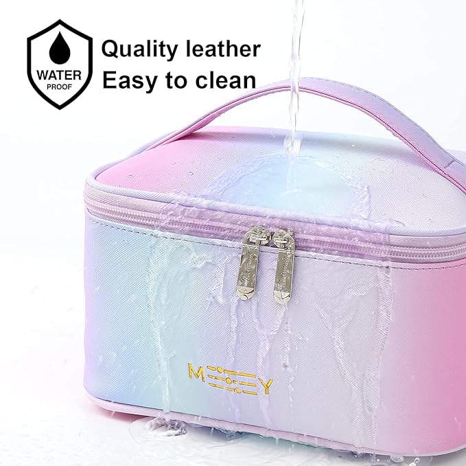 Meiyuuo Makeup Bag Large Cosmetic Bags for Women Girls Cute Travel Zipper Pouch Toiletry Organizer for Beauty Essentials Waterproof (Gradient Rainbow Pink)
