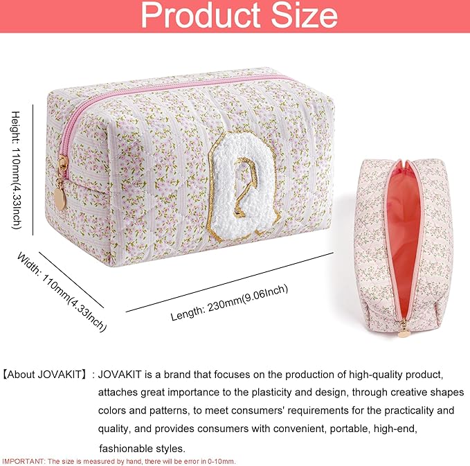 JOVAKIT Alphabet Makeup Bag Cosmetic Bag for Women, Christmas Gifts for Girls Age 6-18, Floral Flowers Coquette Travel Toiletry Zipper Make Up Pouch Organizer Trendy Stuff (Pink Floral Q)