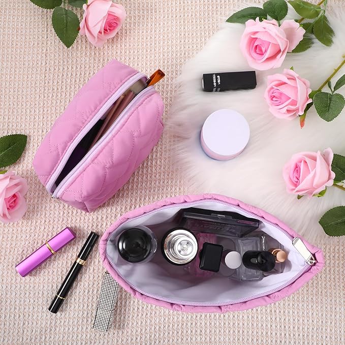 2 Pc Makeup Bag Set Cute Quilted Cosmetic Pouch for Women Travel Toiletry Bag Preppy Small Makeup Purse Pouch Skincare Brushes Storage Organizer Pencil Case Set(Knitted,Quilted,Rose Pink)