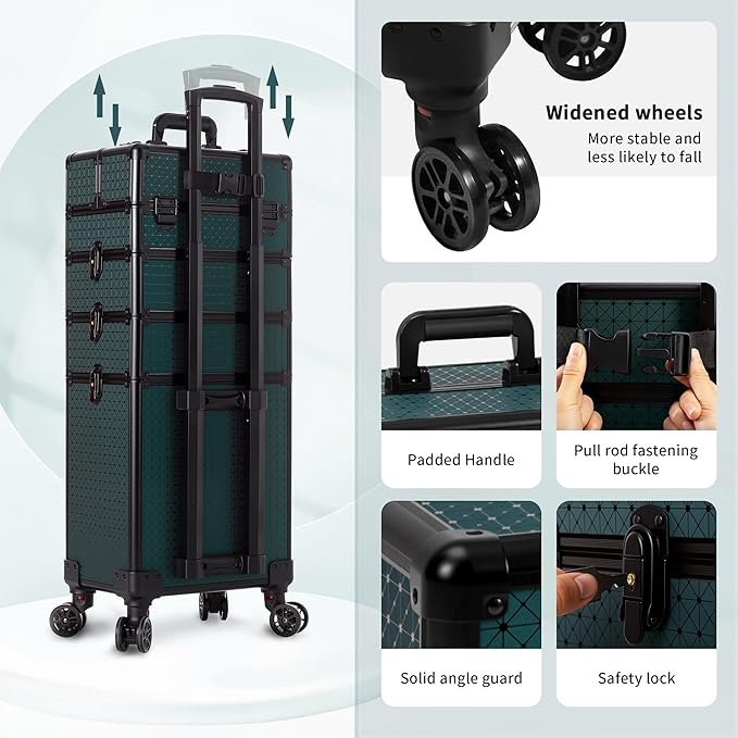 AROUS Rolling Makeup Train Case 4 in 1 Cosmetology Case on Wheels Large Storage Cosmetic Trolley with Key Salon Barber Traveling Cart Trunk, Green