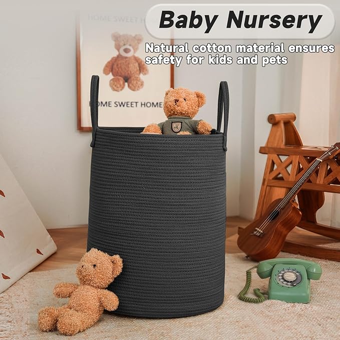 Large Woven Laundry Basket Hamper,100L Cotton Rope Storage Bin for Blankets,Toys and Clothes,Decorative Tall Nursery Hamper for Living Room,Baby Nursery,Bathroom and Bedroom,Black