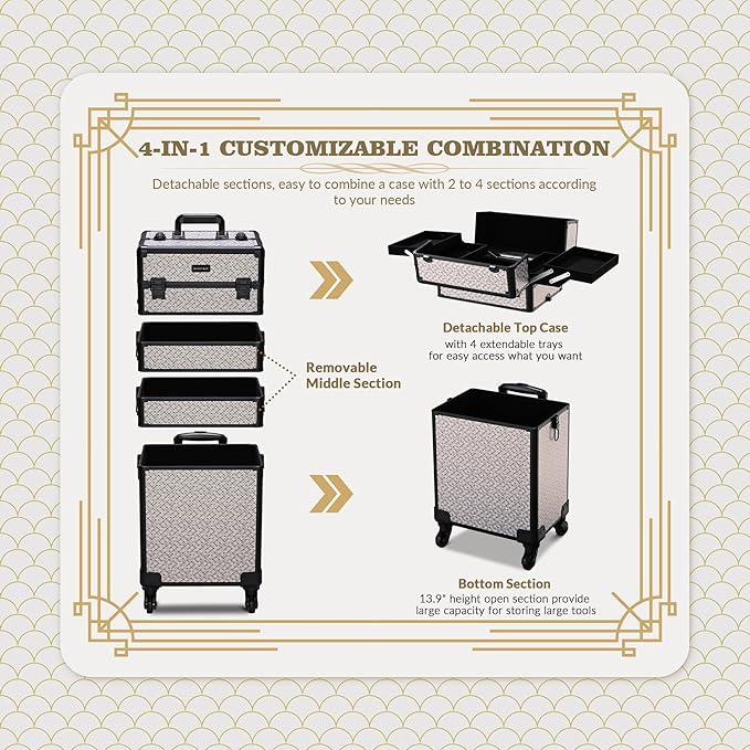 BYOOTIQUE Rolling Makeup Train Case on Wheels 3-Piece Hairdressing Brush Bags Cosmetology Art Deco Graphite