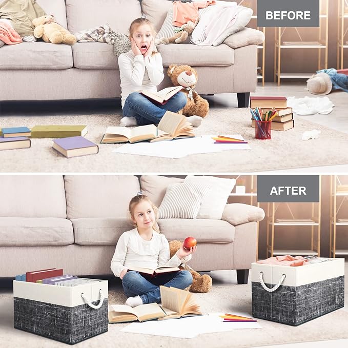Fab totes Storage Bins [2-Pack], Foldable Storage Baskets for Organizing Toys, Books, Shelves, Closet, Large Storage Box with Rope Handles, Sturdy Organizer Bins, White & Black