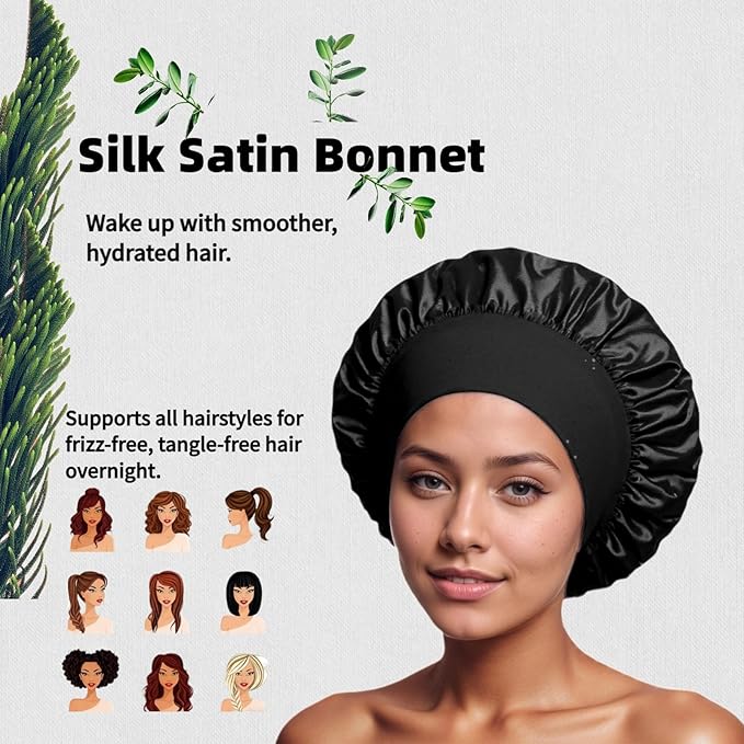 African Net Sponge, Exfoliating Body Scrubber, Soft Satin Silk Bonnet for Men Women Hair Bonnet for Sleeping, Double Layer Silk Sleep Cap, Black, HomeyVenture