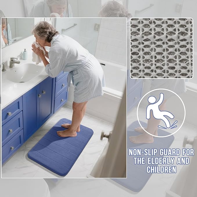 Yimobra Memory Foam Bath Mat Set 2 Piece - Super Soft Absorbent Quick Dry Bathroom Toilet Rugs, Machine Washable Non Slip Floor Carpet for Tub Shower & Single Sink (31.5x20 & 24x20, Navy Blue)