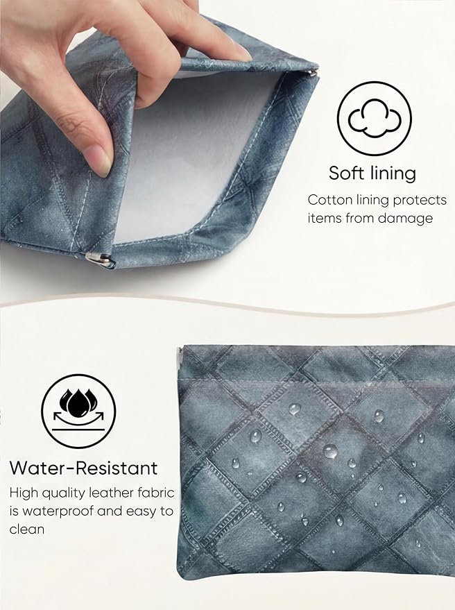Denim Blue PU Leather Makeup Pouch Set for Women Small Checkered Make Up Bag for Purse Waterproof Initial Makeup Cosmetic Bags Pouches for Purse Aesthetic Travel Toiletry Bag,