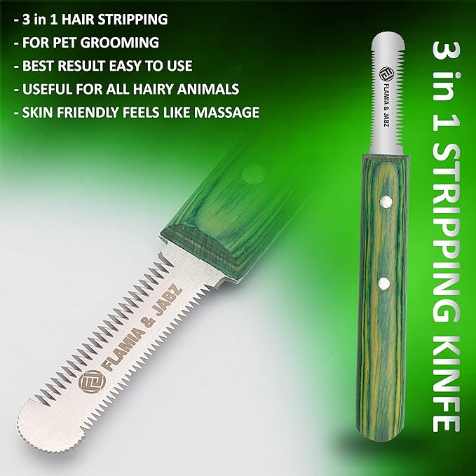 FLAMIA & JABZ FJ Professional Stripping Knife kit (6 pieces set) for Dogs & Pets, Wooden Handle Grip with Stainless Steel Blade (Right handed) (Green)