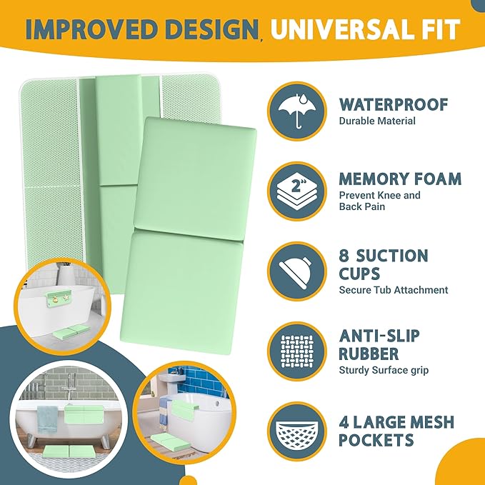 Bath Kneeler and Elbow Rest Pad Set, 2-Inch Thick, Memory Foam, Water-Resistant Mat – Baby Bath Time Essentials Cushion and Bath Kneeling Pad for Bathing Baby with Bathtub Toy Organizer (Mint Green)