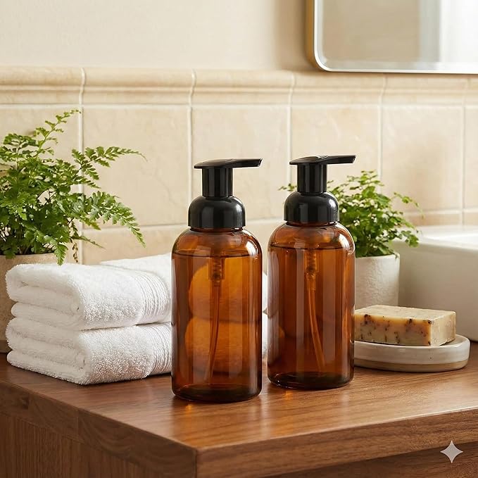 2 Pack Amber Glass Jar Soap Dispenser with Foaming Pump, 13 Ounce Amber Round Bottles Dispenser with Foaming Pump