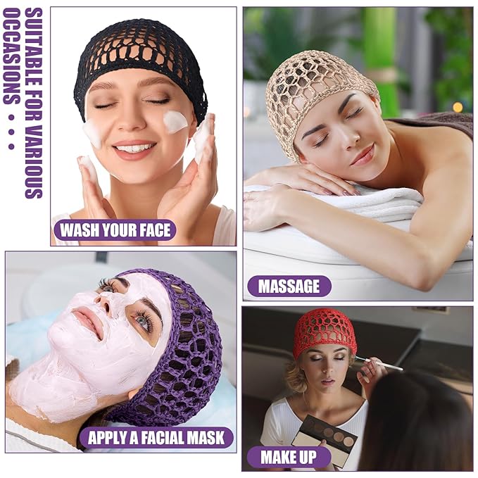 Geyoga 4 Pieces Mesh Crochet Hair Net Rayon Knit Snood Hat Thick Short Women Hairnet Snoods Cover Ornament for Sleeping (Black, Red, Skin, Purple)