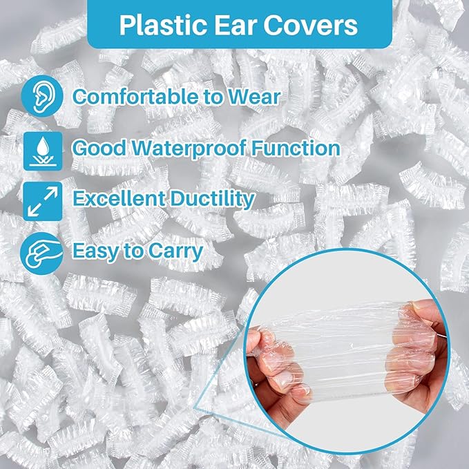 MAQIHAN 300 Pack Disposable Ear Covers Waterproof- Plastic Ear Shower Covers,Waterproof Plastic Ear Protection Ear Shower Caps for Hair Dye,Shower,Bathing,Salon,Spa,Hotel,Home