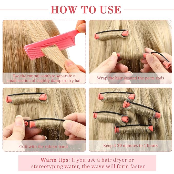 48 Pieces Hair Perm Rods Short Cold Wave Rods Plastic Perming Irons Hair Curling Rollers Curlers with Steel Pintail Comb Rat Tail Comb for Hairdressing Styling Supplies(0.51 Inch,Pink)