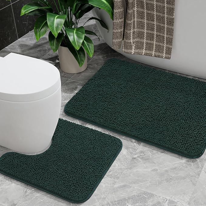 AROGAN Bathroom Rug Sets 2 Piece, 20"x20" U-Shaped Toilet Mat and 21"×34" Bath Mats Floor Set, Washable Bath Rug Set, Absorbent Soft Non Slip Bathroom Rug, Hunter Green