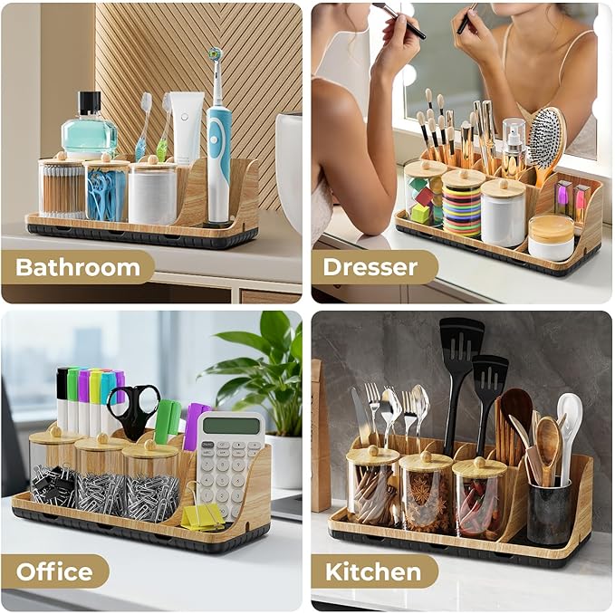 Bathroom Counter Organizer, Bathrooms Toothbrush Holder Set with 3 PCS Qtip Holder, Kids Electric Toothbrush and Toothpaste Holder Organizer Drainage for Bathroom Accessories (Wood Grain)