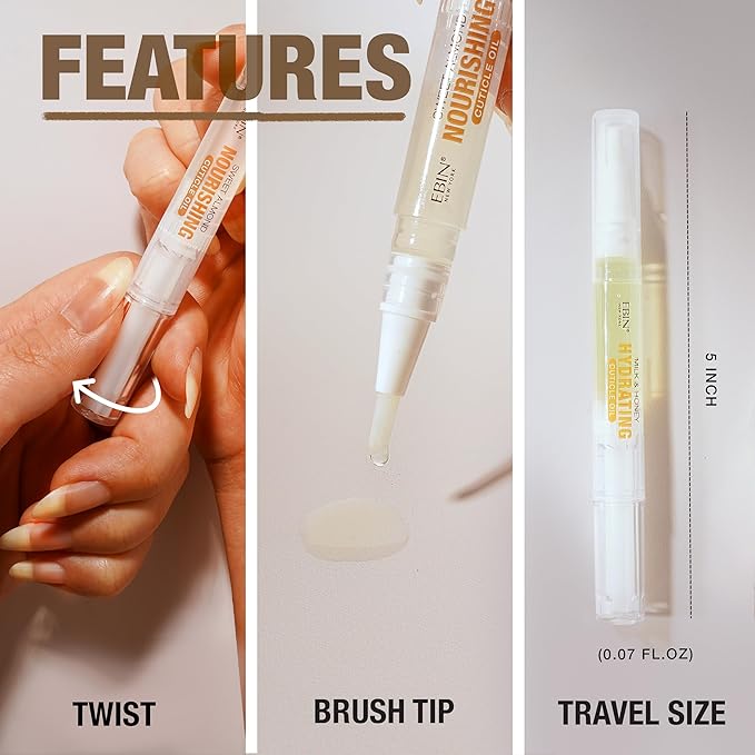 EBIN NEW YORK Cuticle Oil Pen - Nourishing Sweet Almond Infused, Jojoba Oil and Vitamin E Blend to Soften Cuticles and Strengthen Nails, Travel Size
