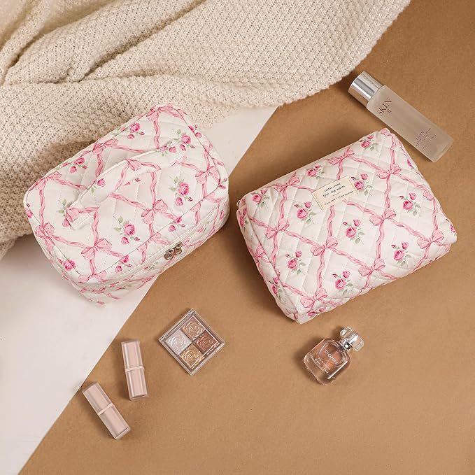 uekeboag 3Pcs Quilted Cotton Makeup Bag,Coquette Quilted Toiletry Bag for Women and Girls,Floral Coquette Pouch,Cute Kawaii Travel Cosmetic Bags(3Pcs Pink Bow)