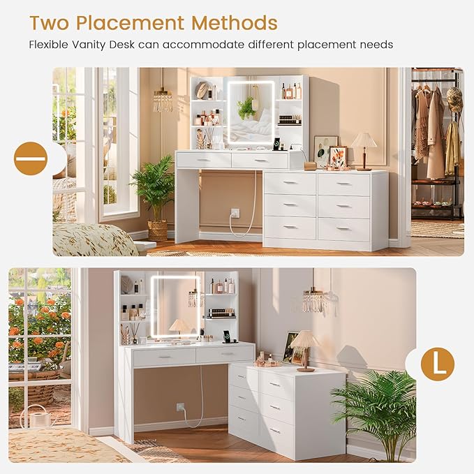 Quimoo Vanity Desk with LED Lighted Mirror & Power Outlet, Modern Corner Makeup Vanity Table with 8 Drawers & Open Shelves, Dressing Table for Bedroom, Makeup Room, White