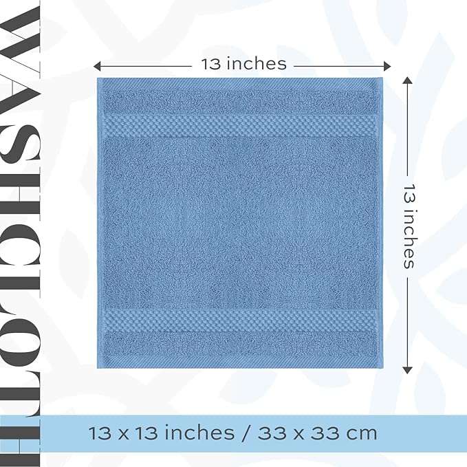 White Classic Luxury Cotton Washcloths 13x13 Inch - 650 GSM Turkish Cotton | Hotel, Spa, Bathroom Face Towel | 12 Pack, Light Blue