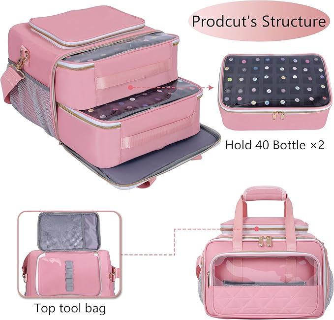 Nail Polish Organizer Holds 80 Bottles, with Two Removable Case, Portable Travel Nail Kit Storage Bag for Manicurist, Nail Art Enthusiasts,Pink