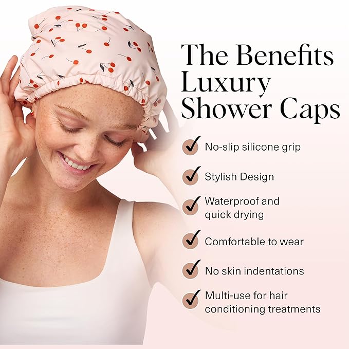 Kitsch Luxury Shower Caps for Women Reusable Waterproof - Large Shower Cap for Women, Non-slip, Quick-dry Hair Cap for Long and Short Hair, Comfortable and Stylish Design - Cherry Print