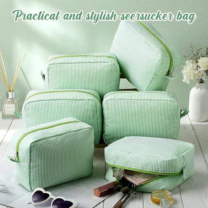 Sanwuta 6 Pcs Seersucker Cosmetic Bag Bulk Pinstripe Makeup Bag for Women Aesthetic Cute Travel Toiletry Organizer Preppy Storage Pouch for Wedding Bridesmaid Christmas Gift (Large, Green)