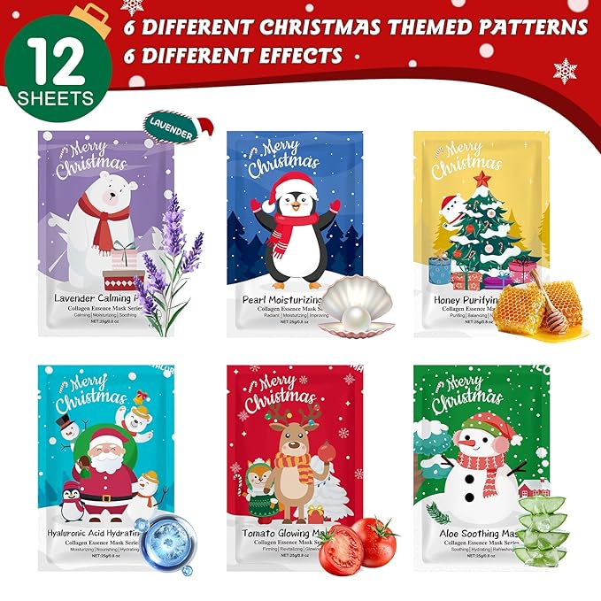 12 Pack Christmas Stocking Stuffers Facial Masks, Sheet Face Masks Skincare, Hydrating Facial Masks Set for Women Skin Care, Bulk Christmas Gifts for Women